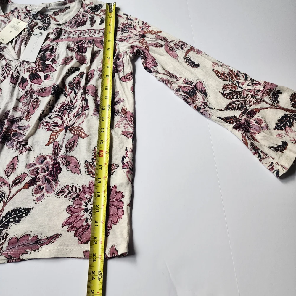 Lucky Brand Floral Long Sleeve Tie Neck Top in Purple and White Sz Small - Picture 7 of 8